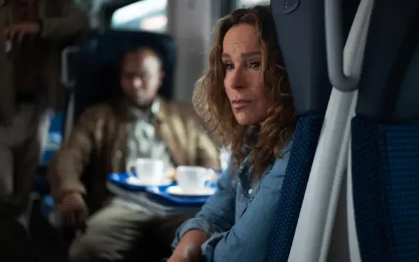 A scene from the movie A Real Pain, featuring a woman with curly hair gazing thoughtfully while seated on a train, captured in a striking 4K Ultra HD desktop wallpaper.