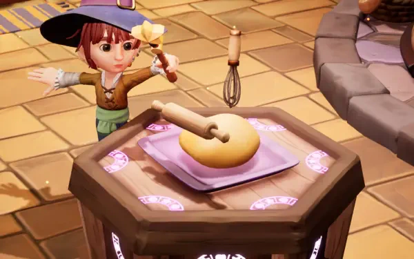 A whimsical scene from the video game Magical Bakery features a young character in a hat, holding a flower, with a rolling pin and dough on a decorative table. HD wallpaper background.