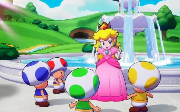 A vibrant HD wallpaper from the video game Mario & Luigi: Brothership, featuring Princess Peach interacting with colorful Toad characters in a picturesque setting.