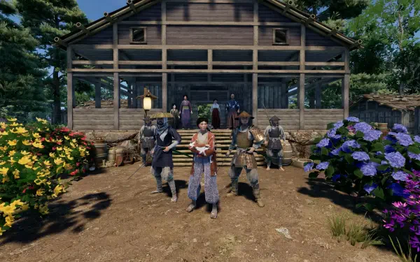 A vibrant scene from the video game Sengoku Dynasty, featuring characters in traditional attire standing in front of a wooden house, surrounded by colorful flowers and lush greenery.