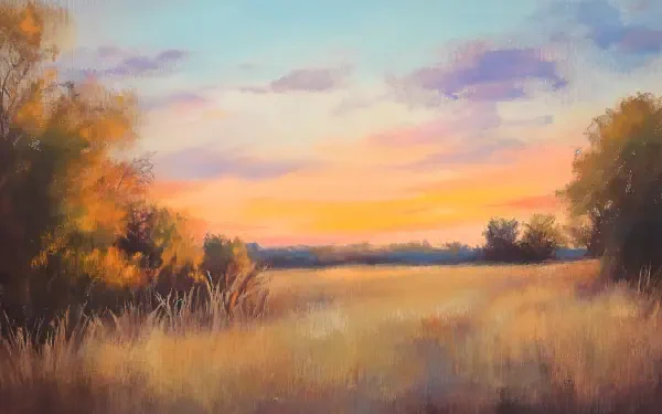 A serene landscape featuring soft pastel colors, depicting a golden field at sunset, complimented by trees and wispy clouds, designed as a 4K Ultra HD desktop wallpaper.