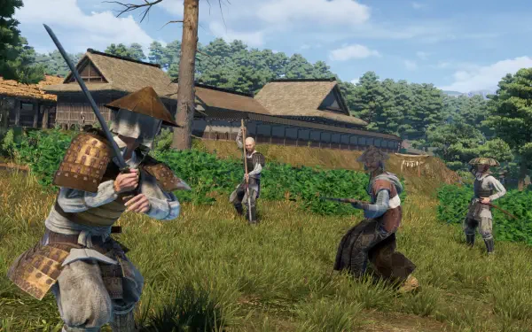 A dynamic scene from the video game Sengoku Dynasty, showcasing characters in traditional attire engaged in combat within a lush, detailed landscape. HD PC desktop wallpaper.