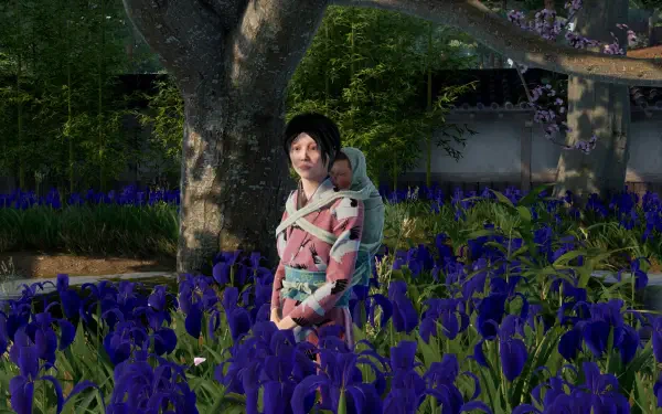 A serene scene from the video game Sengoku Dynasty, featuring a character in traditional attire standing amidst vibrant purple flowers, set against a lush, green backdrop.
