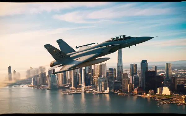 A sleek jet fighter soars above a city skyline, creating a striking contrast against the blue sky and reflecting waters, captured in a stunning 4K Ultra HD desktop wallpaper.