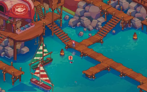 A vibrant HD wallpaper featuring a serene dock in Everholm, with wooden walkways, colorful boats, and crystal-clear water, inviting viewers into its charming atmosphere.