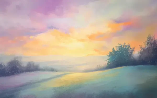 A soft pastel landscape featuring gentle hills and a colorful sky at sunset, creating a serene and artistic backdrop in 4K Ultra HD for PC desktop wallpaper.