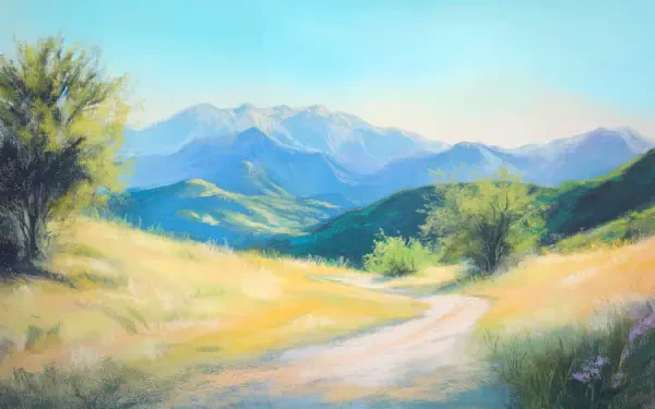 A serene landscape featuring soft pastels, showcasing rolling hills and distant mountains under a clear blue sky, designed as a 4K Ultra HD desktop wallpaper.