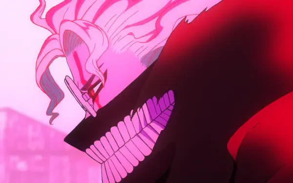 HD anime wallpaper from Dandadan featuring a striking close-up of a character with pink hair and a menacing grin, inspired by Ken Takakura's intense style.