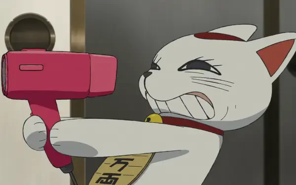 HD PC desktop wallpaper from the anime Dandadan featuring Turbo Granny, a fierce white cat aiming a pink hairdryer like a weapon.