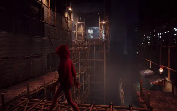 A moody HD wallpaper from the video game Slitterhead, depicting a character in a red hoodie standing on scaffolding, overlooking a dark, atmospheric construction site.