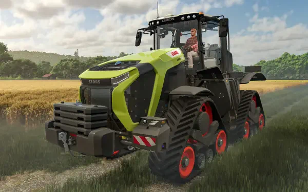 A high-definition PC desktop wallpaper featuring a detailed tractor from Farming Simulator 25, set against a vibrant agricultural landscape.