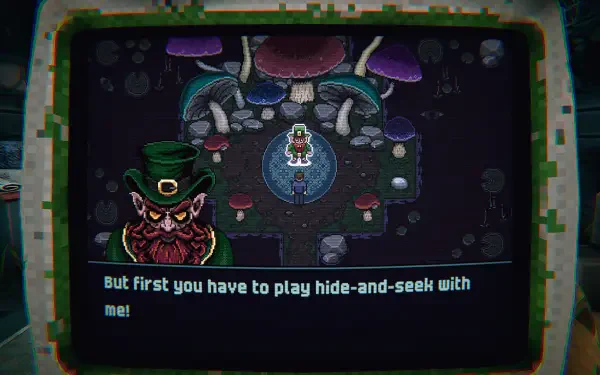 A vibrant HD desktop wallpaper from the game Is this Game Trying to Kill Me? featuring a whimsical character challenging players to a game of hide-and-seek amidst colorful mushrooms.