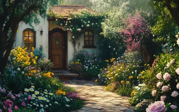 A charming cottage surrounded by vibrant flowers and lush greenery, capturing the essence of cottagecore. This stunning image serves as a 4K Ultra HD desktop wallpaper.