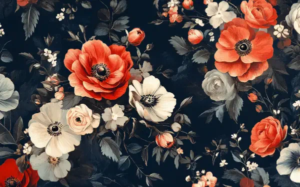 A vintage floral design featuring vibrant red and soft white flowers against a dark background, presented as a 4K Ultra HD desktop wallpaper.