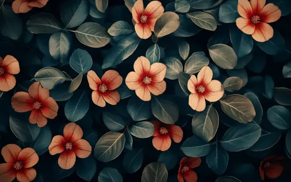 A vintage floral design featuring delicate peach-colored flowers against a backdrop of lush green leaves, presented in stunning 4K Ultra HD as a desktop wallpaper.