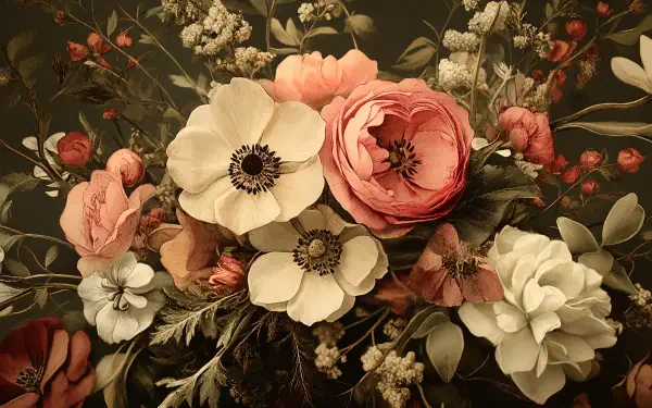 A vintage floral arrangement featuring anemones, roses, and delicate blooms in soft, muted tones, rendered in 4K Ultra HD for a PC desktop wallpaper.