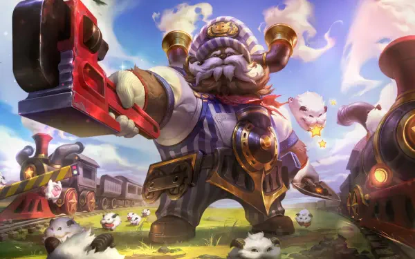 A vibrant 8K Ultra HD wallpaper features Ornn from League of Legends, showcasing his powerful presence with whimsical elements in a colorful landscape.