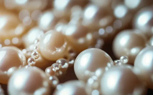 Close-up of lustrous pearls, showcasing their elegant sheen and texture. A rich 4K Ultra HD PC desktop wallpaper and background, enhancing visual appeal with a touch of sophistication.