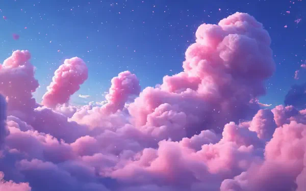 A breathtaking cotton candy sky filled with fluffy pink clouds, scattered stars, creating a serene and dreamy atmosphere. This 4K Ultra HD image serves as a stunning desktop wallpaper.