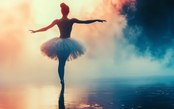 A graceful ballerina dances elegantly in a tutu, surrounded by vibrant hues and mist, creating a captivating 4K Ultra HD experience for a stunning desktop wallpaper.