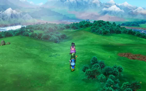 A vibrant landscape from the HD-2D remake of DRAGON QUEST III, featuring characters exploring lush green fields and distant mountains, perfect for fans of RPGs and video games.