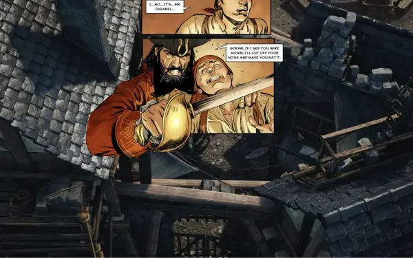 A dramatic scene from the video game Flint: Treasure of Oblivion, featuring a pirate threatening a character, set against an atmospheric HD wallpaper backdrop.