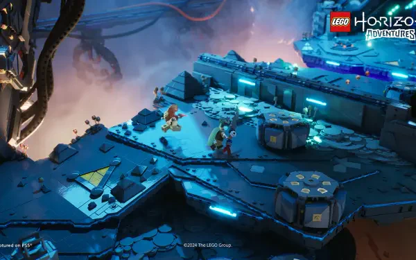 A vibrant scene from Lego Horizon Adventures, showcasing intricate environments and characters in a futuristic, high-definition backdrop with glowing elements.