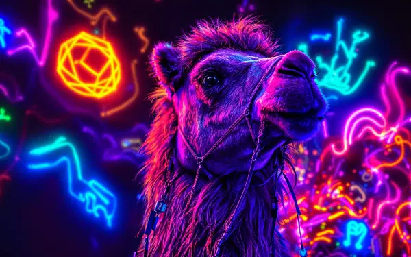 A vibrant camel stands against a backdrop of colorful neon designs, creating a striking 4K Ultra HD desktop wallpaper and background.