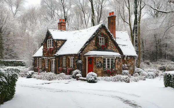 A cozy cottage nestled in a snowy landscape, adorned with winter decorations, creating a serene atmosphere. This enchanting image serves as a stunning 4K Ultra HD desktop wallpaper.