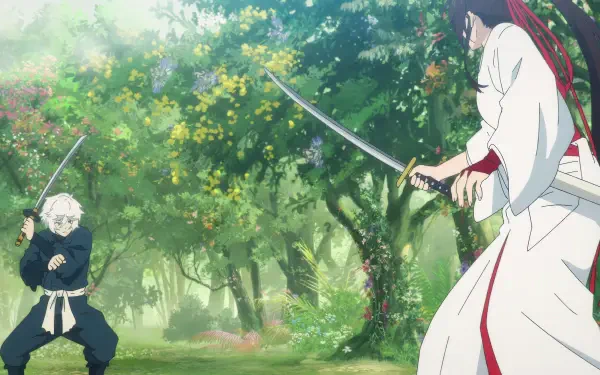 Anime-inspired 4K Ultra HD wallpaper featuring Gabimaru and Yamada Asaemon Sagiri in a tense sword duel amidst a vibrant, lush forest backdrop.