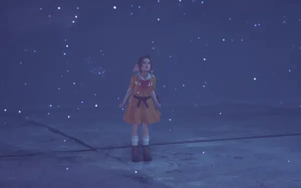 A HD wallpaper featuring Aerith Gainsborough from Final Fantasy VII Remake, standing serenely against a starry night background, evoking a sense of wonder and tranquility.