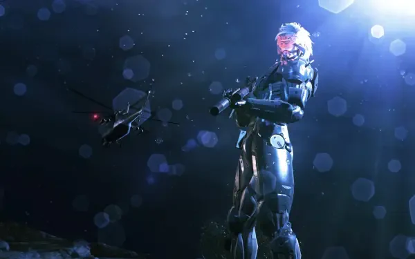 A stunning HD wallpaper featuring Raiden from Metal Gear Solid V: Ground Zeroes, showcasing his futuristic design against a dramatic backdrop with a helicopter in the background.