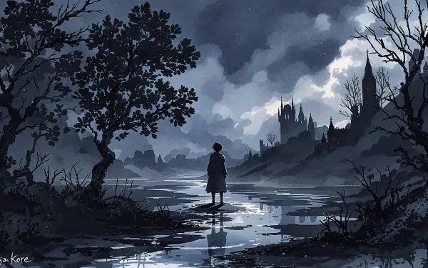 A serene 4K Ultra HD desktop wallpaper featuring a figure standing by a misty river, silhouetted against a dark, atmospheric landscape with distant castles and a dramatic sky.