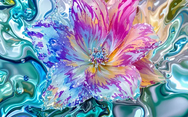 A vibrant, abstract floral design with colorful petals blending into swirling water patterns in 4K Ultra HD quality, creating an aesthetic and dynamic desktop wallpaper.