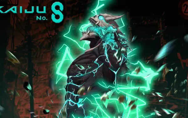 HD PC desktop wallpaper of Kaiju No. 8 anime, showing Hibino Kafka mid-transformation into a neon-teal, electrified kaiju amid a shattered city backdrop.