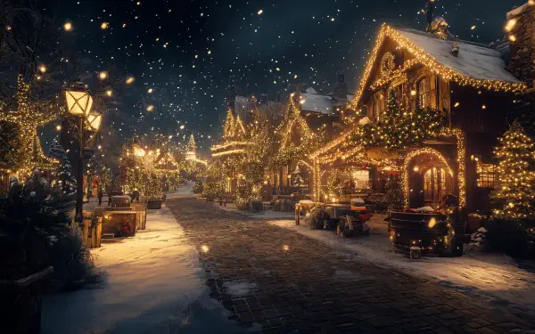 A charming Christmas town scene, glowing with festive lights and snowflakes, captured in stunning 4K Ultra HD, creating a magical winter atmosphere.