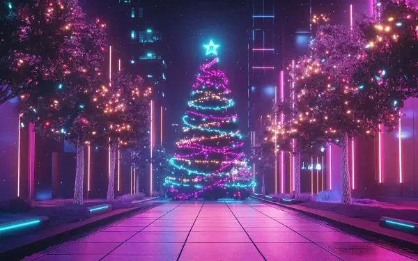 A vibrant retrowave Christmas scene featuring a luminous, multicolored Christmas tree and glowing, festive trees illuminated by neon lights, set against a futuristic city backdrop.