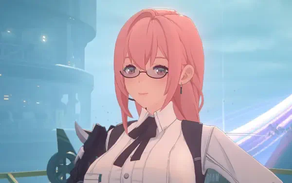 A HD PC desktop wallpaper features Tsukishiro Yanagi from the video game Zenless Zone Zero, showcasing her with pink hair and glasses against a vibrant background.