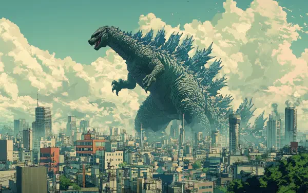 A striking HD desktop wallpaper featuring Godzilla towering over a bustling cityscape, surrounded by dramatic clouds and showcasing an epic, cinematic atmosphere.