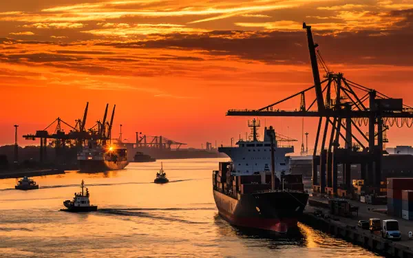 4K Ultra HD wallpaper showing a vibrant sunset over a busy shipping port with cargo ships and cranes along the harbor.