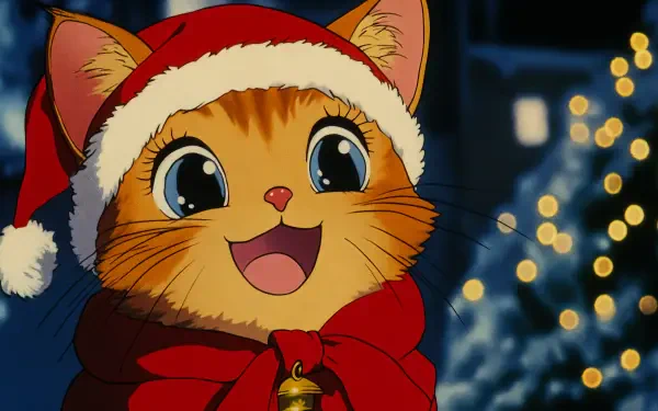 A cheerful cat wearing a red Santa hat and scarf, set against a backdrop of twinkling Christmas lights, serves as a delightful 4K Ultra HD wallpaper.