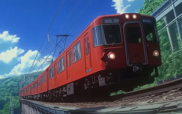 A vibrant anime train speeds along tracks surrounded by lush greenery, set against a bright blue sky, captured in stunning 4K Ultra HD for a striking desktop wallpaper.