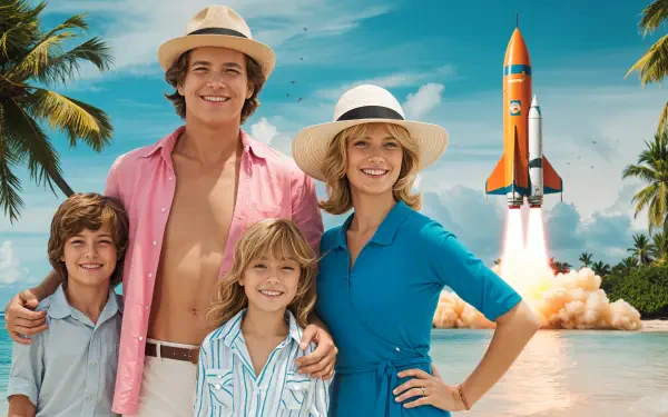 A joyful family poses on a tropical beach, wearing summer attire and hats, with a colorful rocket launching in the background; a vibrant summer vacation scene in 4K Ultra HD.