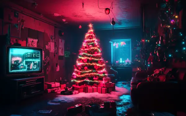 A retro-inspired Christmas scene featuring a brightly lit tree surrounded by presents, with vibrant neon colors enhancing the festive atmosphere, designed as a 4K Ultra HD desktop wallpaper.