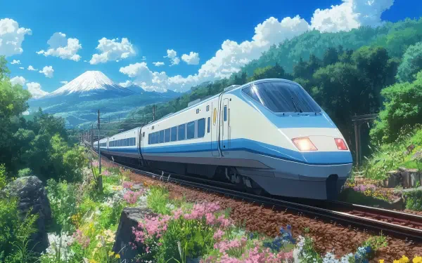 A stunning anime train travels along vibrant tracks, surrounded by lush greenery and blooming flowers, with a majestic mountain backdrop under a bright blue sky. 4K Ultra HD resolution.