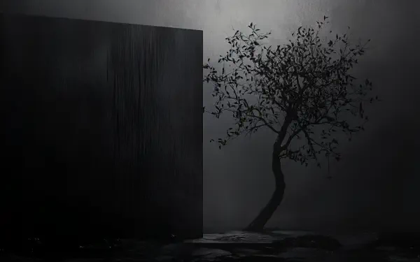 A dark minimalist scene featuring a stark black cube and a solitary tree, set against a moody background, designed as a 4K Ultra HD PC desktop wallpaper and background.