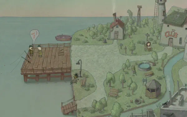 A whimsical HD PC desktop wallpaper depicting a serene landscape with a wooden pier, small boats, houses, and lush greenery, inspired by video game art and storytelling.