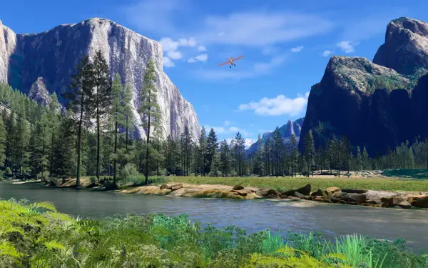 A stunning 4K Ultra HD wallpaper from Microsoft Flight Simulator 2024, showcasing a scenic landscape with towering mountains, lush greenery, and a clear blue sky.