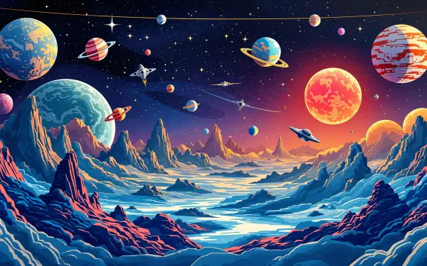 A stunning sci-fi planet scene featuring vibrant planets, mountains, and clouds, rendered in 4K Ultra HD for an immersive desktop wallpaper experience.