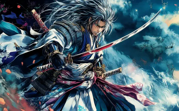 A striking anime samurai stands poised with a sword, surrounded by a dramatic sky. This vibrant 4K Ultra HD wallpaper showcases intricate details and dynamic colors.
